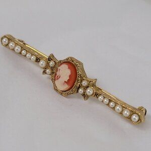 1928 Company Faux Cameo and Pearl Bar Brooch